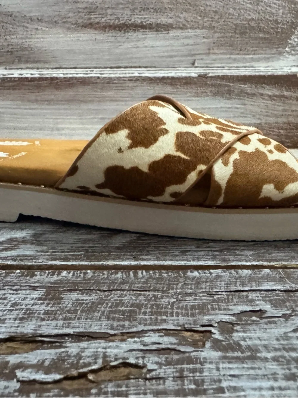 Yellow Box Tan & Cream Cow Print Crossband Slide Sandals - Picture 2 of 6